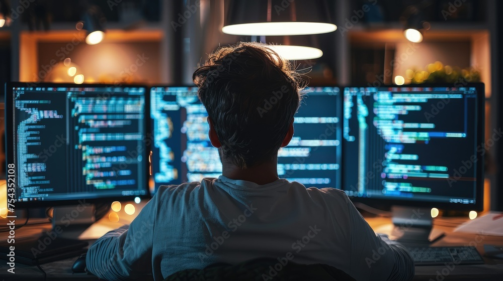 Aufkleber Person in front of monitor writing programming code. Generative AI.