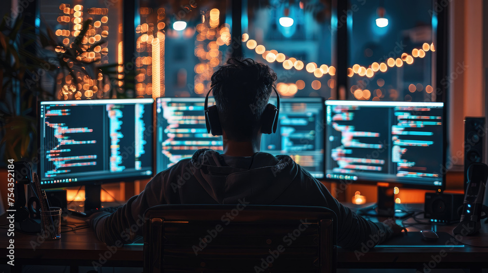 Aufkleber Person in front of monitor writing programming code. Generative AI.