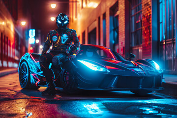Racer in futuristic helmet sitting on a modern sports car in neon cityscape