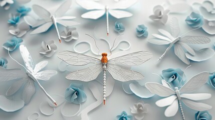 Paper cut style many small dragonflies, plain background. Generative AI.