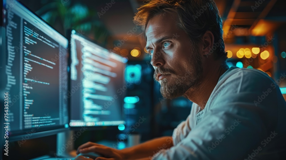 Aufkleber Programmer is programming in front of pc, coding. Generative AI.