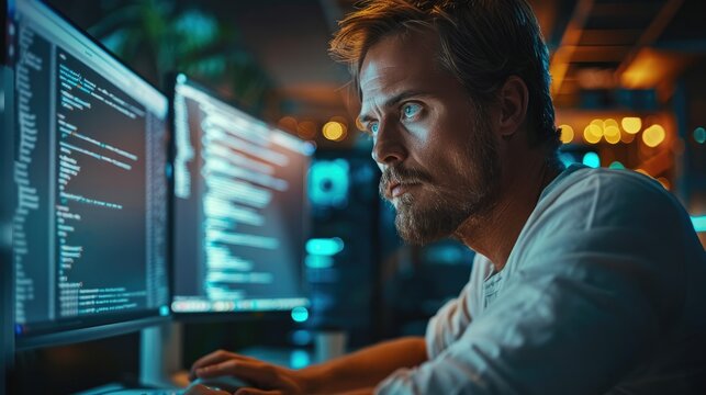 Programmer is programming in front of pc, coding. Generative AI.