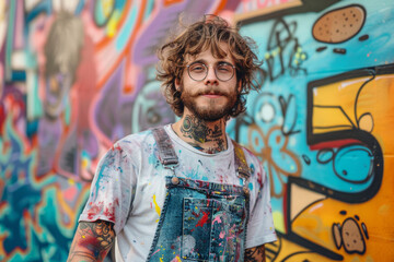 Hipster artist with tattoos and round glasses in front of vibrant graffiti wall