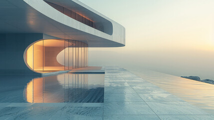 Minimalist architecture by the sea with soft light. Generative AI.
