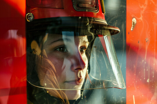 Capturing the reflection of a determined female firefighter in the sleek surface of the CB station panel, symbolizing resilience and focus.