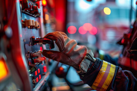 A close-up of gloved hands expertly operating the CB station controls, set against the backdrop of a blurred firetruck interior.