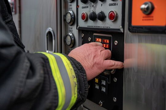 A close-up of the firefighter's fingers tapping out a message on the tactile buttons of the CB station, highlighting precision and efficiency.