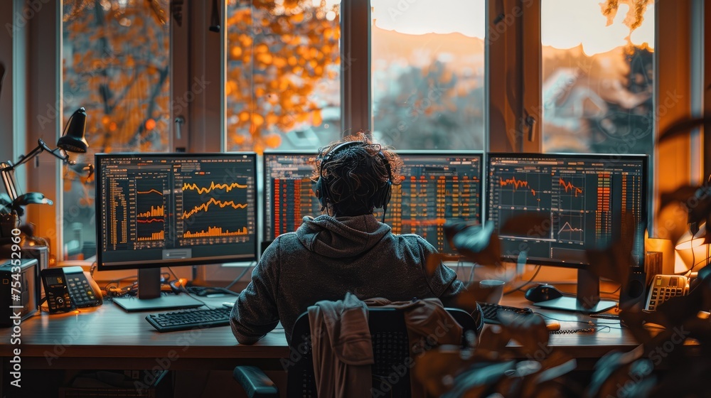 Leinwandbilder Successful trader in his home office with a view of the hills out the window, surrounded by advanced trading setups. Generative AI.