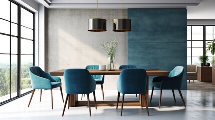 Modern interior of dinning room with blue chairs. Illustration AI Generative.