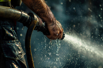 Minimalistic capture of the firefighter's steady hand adjusting the nozzle, showcasing the precise control required to navigate the high-pressure water flow in the midst of chaos. - obrazy, fototapety, plakaty