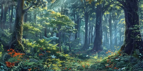 A colorful forest painting with many flowers and tall trees