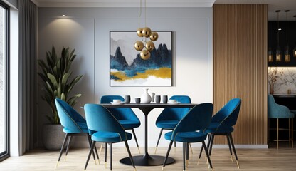 Modern interior of dinning room with blue chairs. Illustration AI Generative. - obrazy, fototapety, plakaty