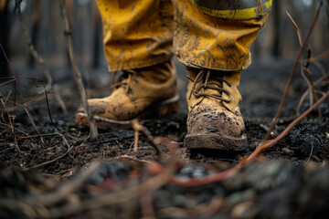Close-up of the firefighter's boots firmly planted on the scorched earth, symbolizing strength and stability amidst the turbulent environment of the forest fire.