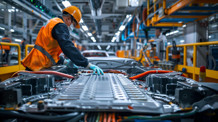 Chinese technician working on EV car battery cells module in an electric vehicle factory - obrazy, fototapety, plakaty