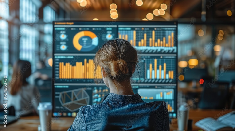 Poster people analyzing business data on a screen in a modern office, business intelligence. generative ai.