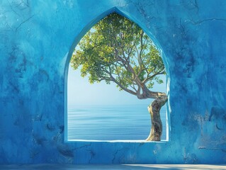 A tree growing through an blue wall, arch window with a sea view, photorealistic, vibrant colors for design backdrop