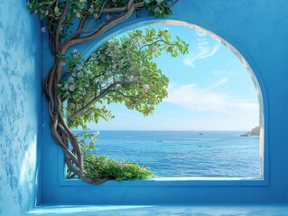 A tree growing through an blue wall, arch window with a sea view, photorealistic, vibrant colors for design backdrop