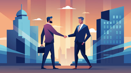 Businessmen shaking hands in urban setting at sunset