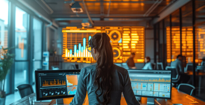 People analyzing business data on a screen in a modern office, business intelligence. Generative AI.