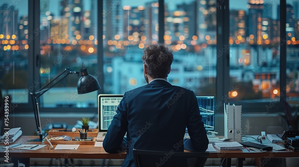 Leinwandbilder rear view of man architect in his office front of his laptop, the screen of laptop showing performan