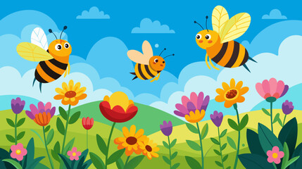 Cheerful bees and colorful flowers on a sunny day