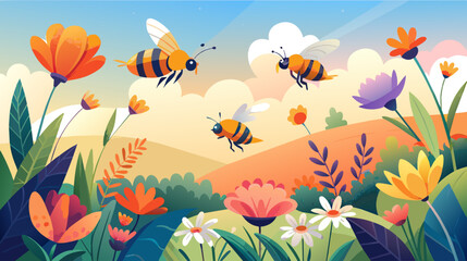 Fototapeta na wymiar Colorful illustration of bees pollinating spring flowers