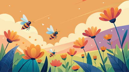 Colorful illustration of bees pollinating flowers at sunset