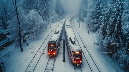 High-speed train traveling in heavy snow. Aerial high view. Generative AI.