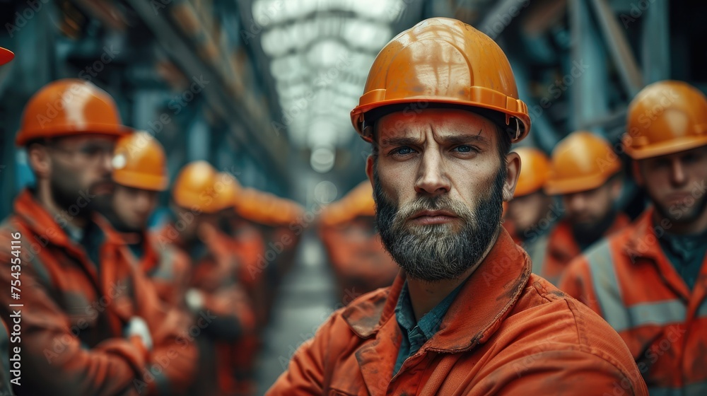 Poster Group of angry workers working in a factory. Generative AI.