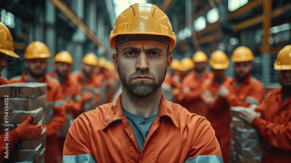Poster Group of angry workers working in a factory. Generative AI.