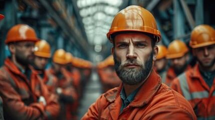 Group of angry workers working in a factory. Generative AI.