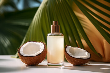 Fototapeta na wymiar Golden coconut oil in a transparent bottle, surrounded by straw, walnuts, and a halved coconut, against a lush palm leaf backdrop. Concept for natural wellness and organic beauty.