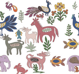 Seamless kalamkari pattern with animals.