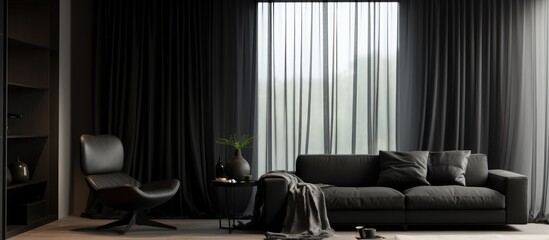 A black and white living room with minimalist style features a large window adorned with black curtains and tulle. Two comfortable chairs are positioned for watching TV.