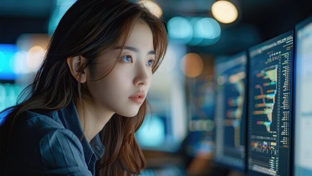 Professional East Asian businesswoman working efficiently at a multi-monitor computer setup, exuding confidence and expertise in her field. Generative AI.