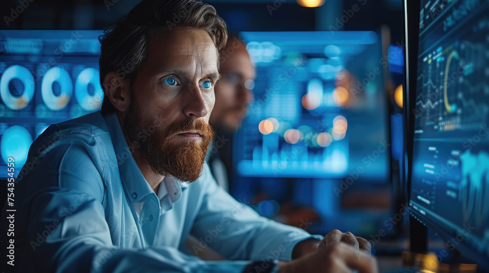 Poster Person analyzing data on computer screen, AI-powered employee monitoring. Generative AI.