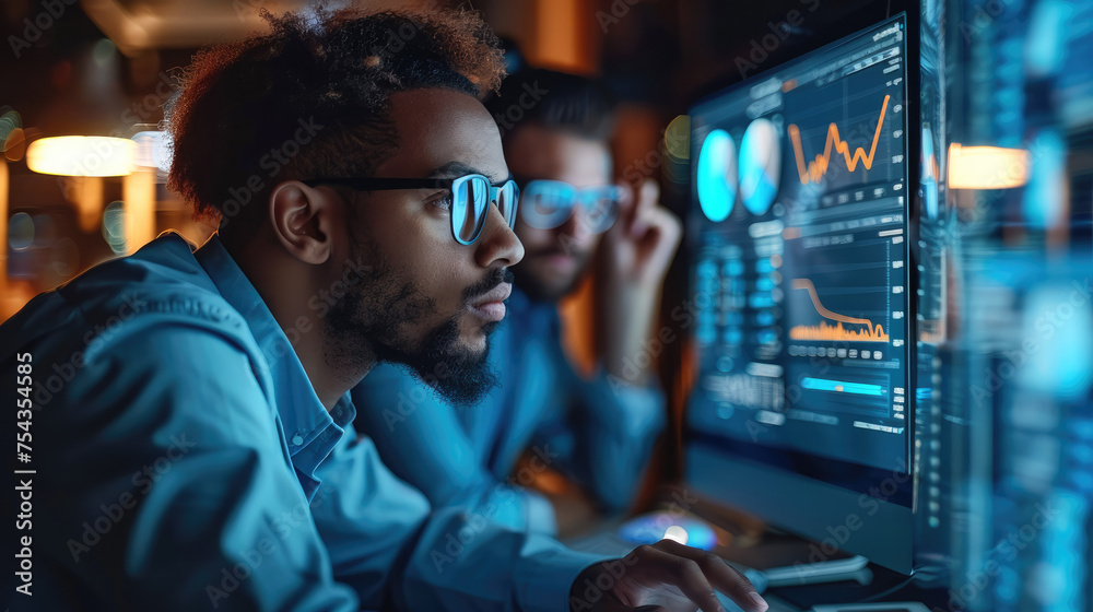 Aufkleber Person analyzing data on computer screen, AI-powered employee monitoring. Generative AI.