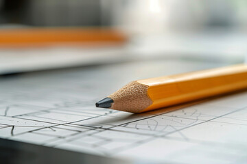A macro photograph of a pencil sketching out wireframes on a tablet, highlighting the initial brainstorming stage of UI design in a tangible, tactile manner. - obrazy, fototapety, plakaty
