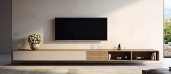 A minimalist living room with a sleek and stylish large television mounted on the wall. The room is well-lit, with simple and contemporary furniture.