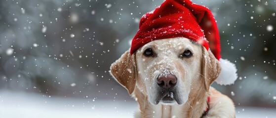 A dog with a red Christmas hat.New year and Christmas.