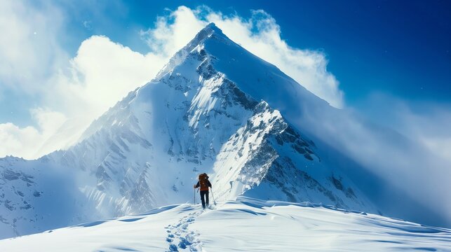 Man Hiking Up Snow Covered Mountain