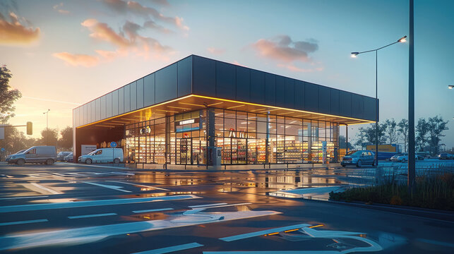 The outside of the front of a supermarket. Generative AI.