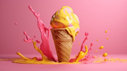 Pink and Yellow Ice Cream. Illustration Generative AI.