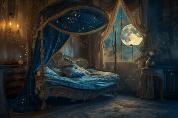 A bedroom featuring a canopy bed under a starlit night sky with a moon shining through the window