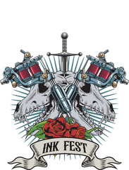 Vector Illustration of Tattoo Tools, Sword, Roses and Animal Skulls with Vintage Hand Drawing Style Available for Logo Badge