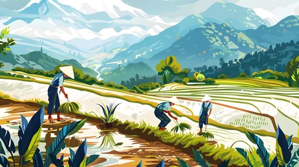 Cercles muraux Rizières Thailand. Rice terraces agricultural sceneries. Rice fields with asian farmers. Vector illustration. People planting and grow rice in rainy season.