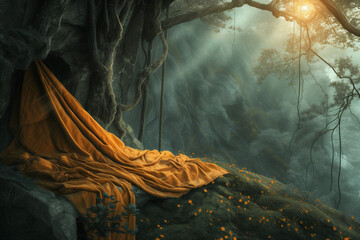 A yellow blanket is lying on top of a rock beneath a tree - obrazy, fototapety, plakaty