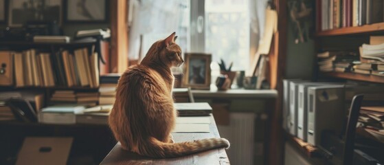 he brown cat is sitting on the desk in the house. - obrazy, fototapety, plakaty