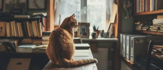 Zelfklevend Fotobehang he brown cat is sitting on the desk in the house. © Muhammad