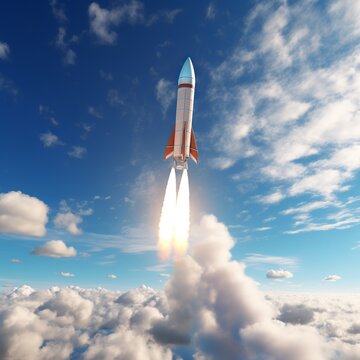 Flying space rocket against the sky,3D render.